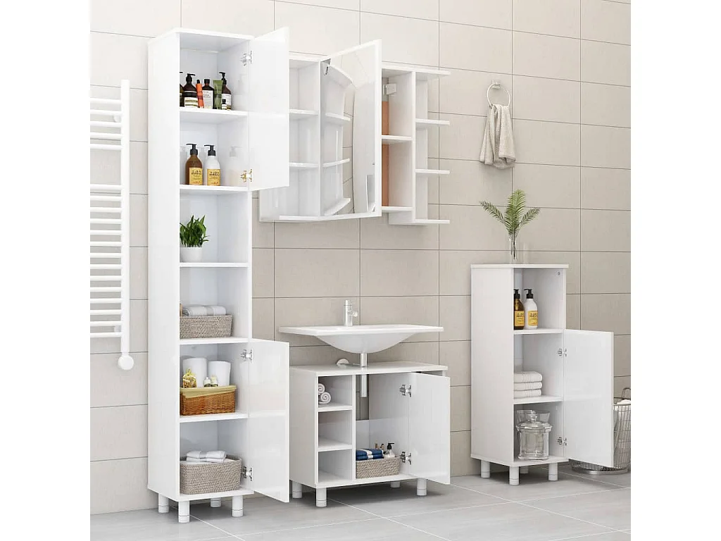 Mobile da Bagno Bianco Lucido 30x30x179 cm in Legno Multistrato