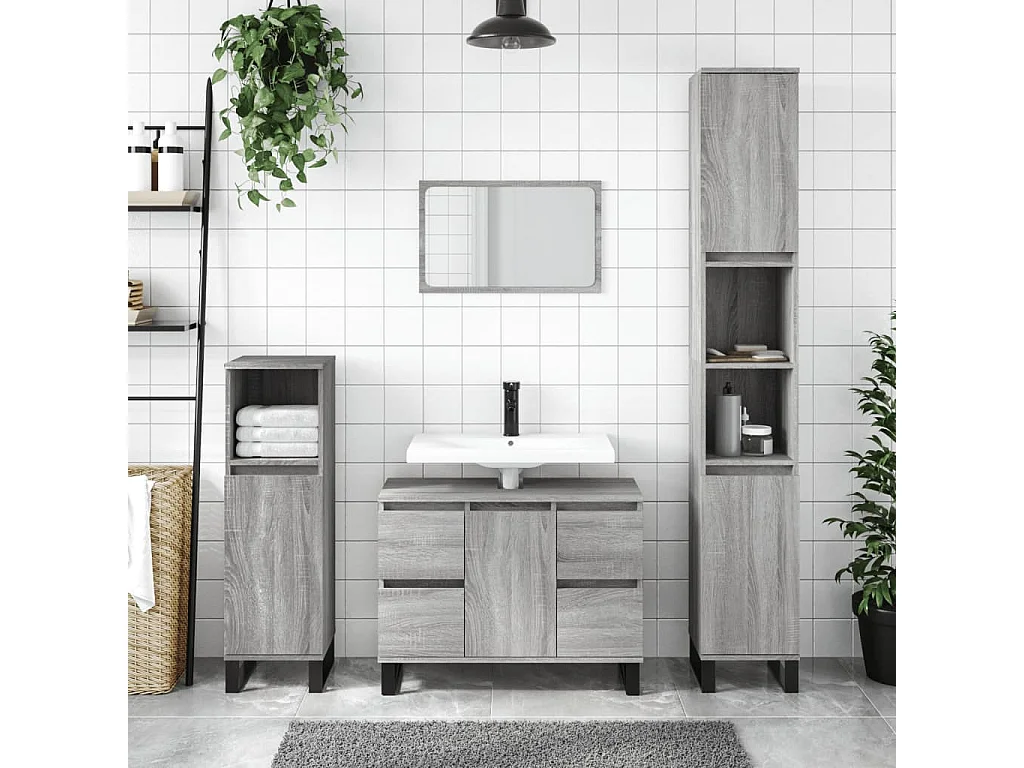 Badkamerkast 30x30x100 cm bewerkt hout grijs sonoma eikenkleur