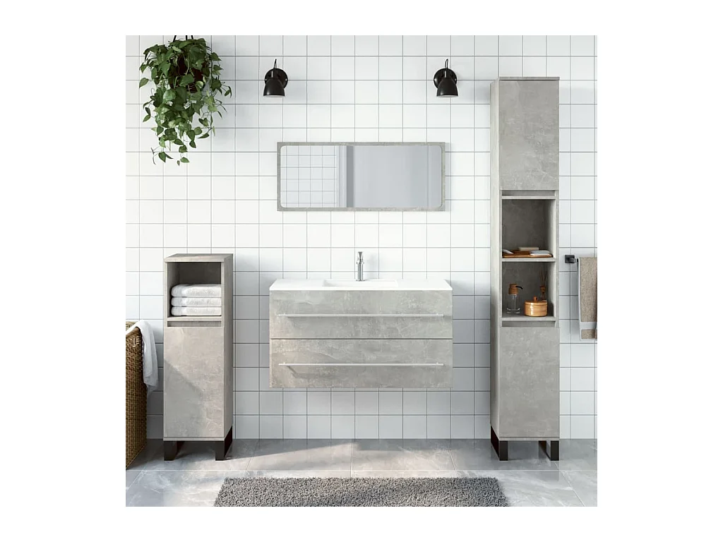 Armoire de bain avec miroir gris béton bois d'ingénierie