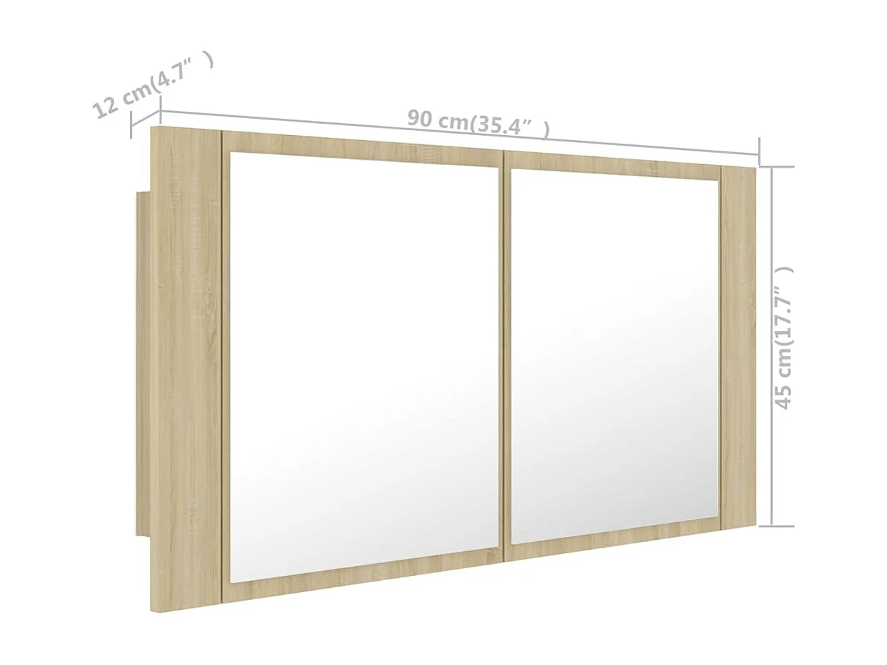 Badkamerkast met spiegel LED 90x12x45 acryl sonoma eikenkleurig