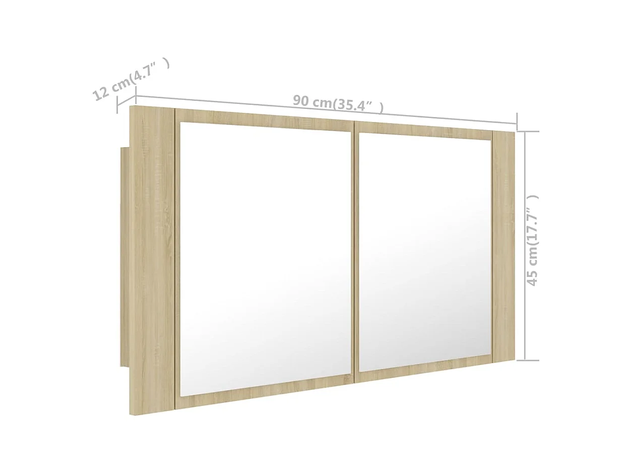 Badkamerkast met spiegel LED 90x12x45 acryl sonoma eikenkleurig