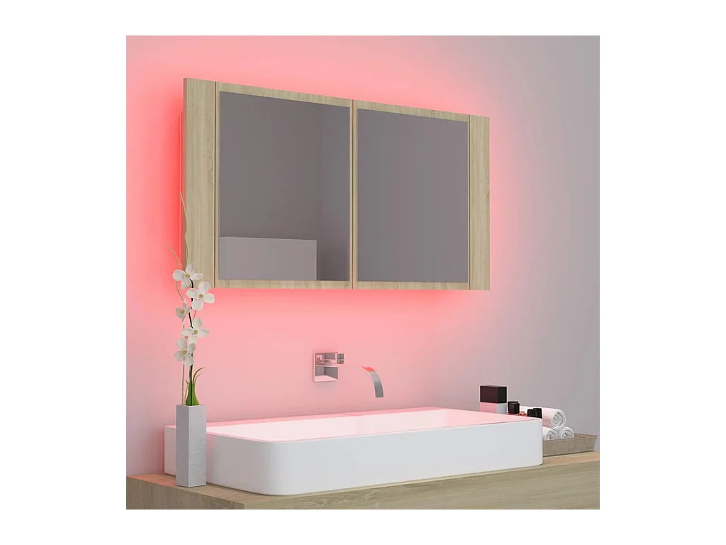 Badkamerkast met spiegel LED 90x12x45 acryl sonoma eikenkleurig