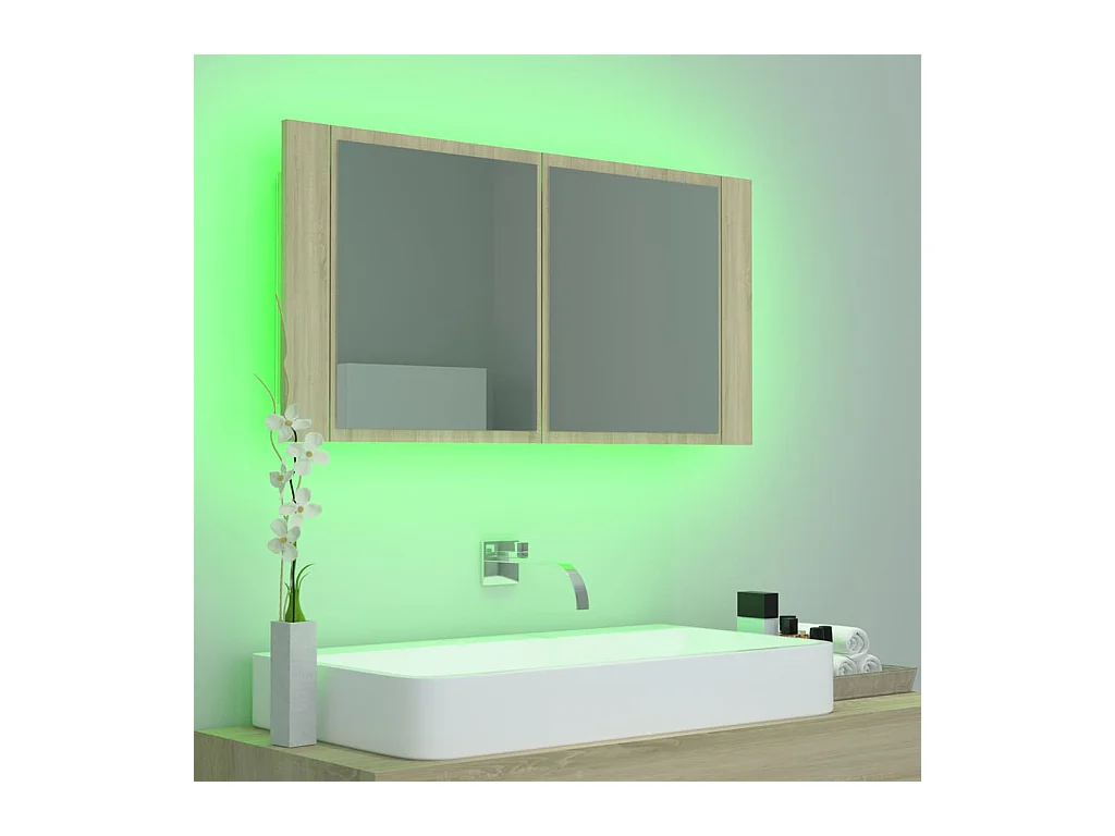 Badkamerkast met spiegel LED 90x12x45 acryl sonoma eikenkleurig