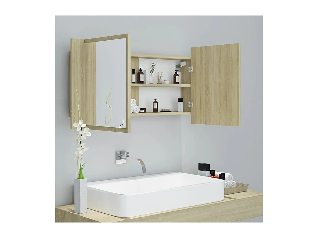 Badkamerkast met spiegel LED 90x12x45 acryl sonoma eikenkleurig
