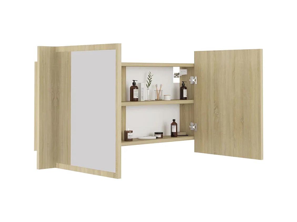 Badkamerkast met spiegel LED 90x12x45 acryl sonoma eikenkleurig