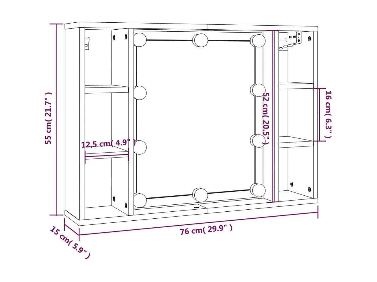 Spiegelkast met LED-verlichting 76x15x55 cm betongrijs