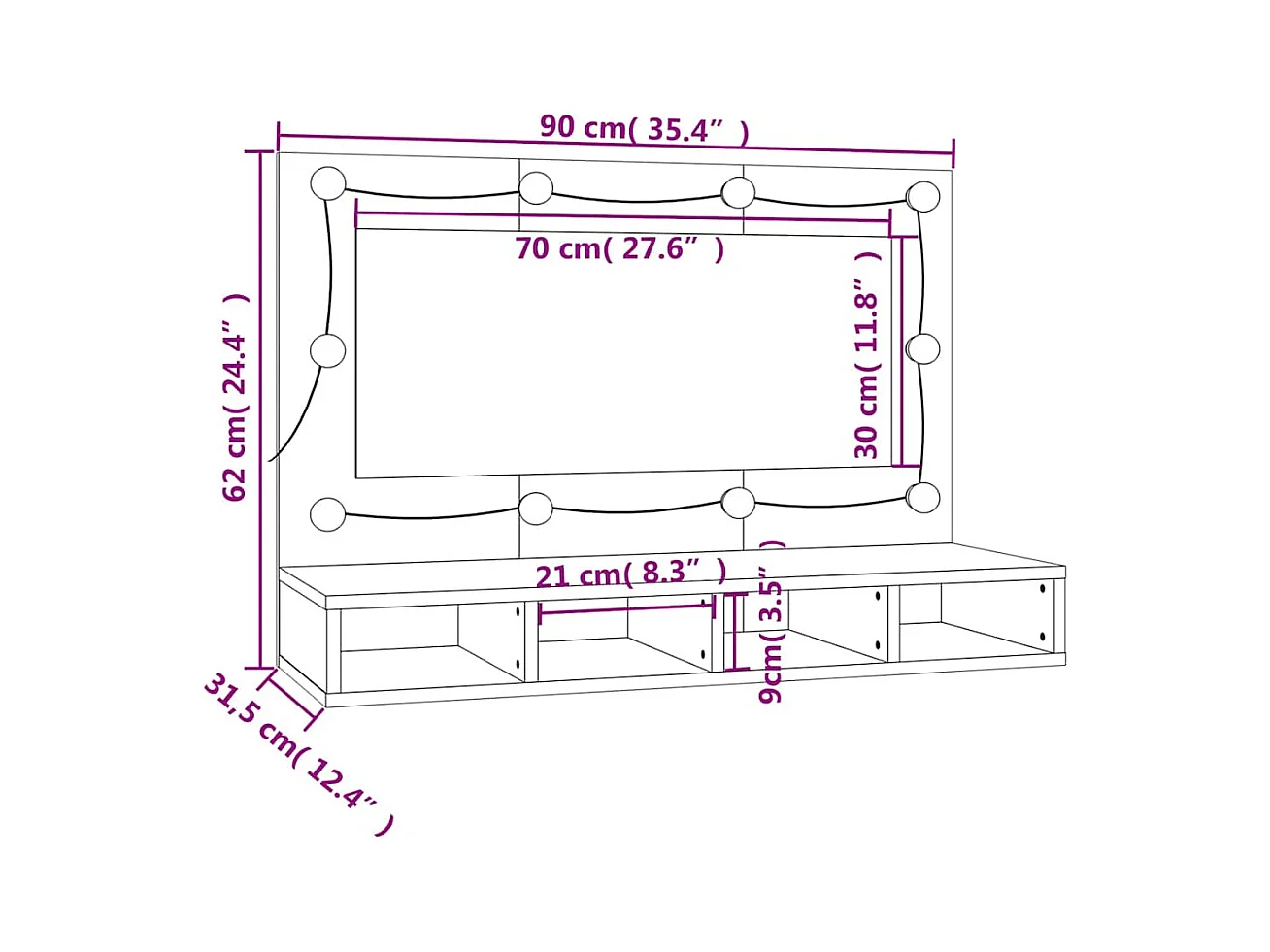 Mueble con espejo y luces LED blanco 90x31,5x62 cm
