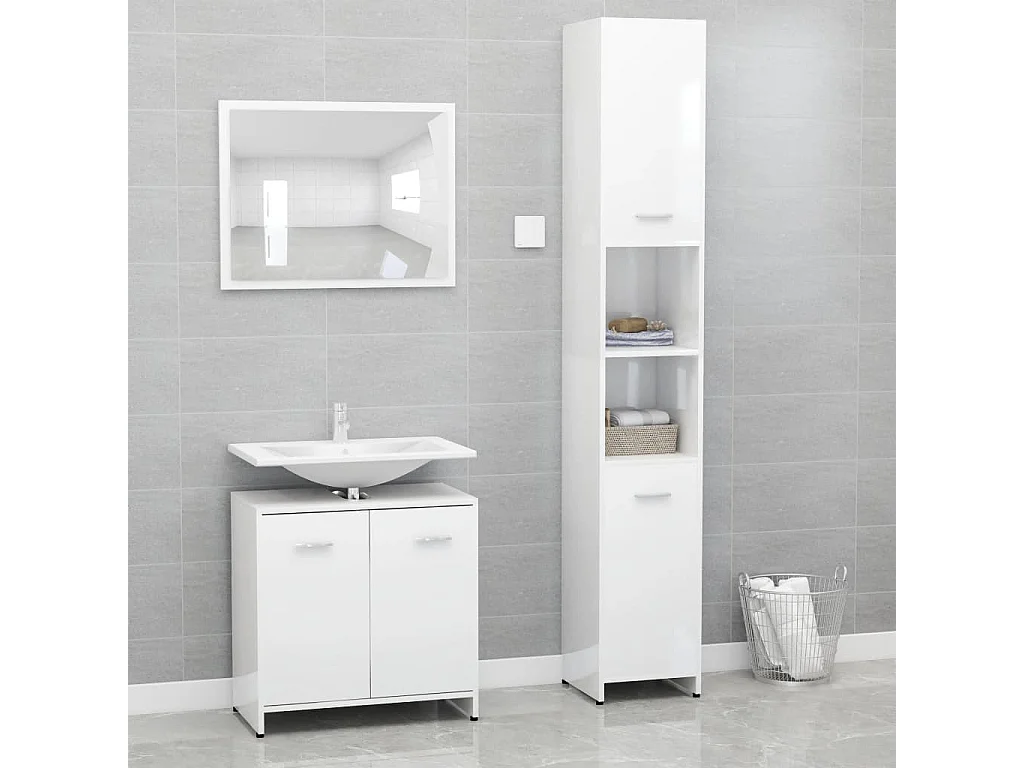 3 pcs conj. móveis casa de banho contraplacado branco brilhante