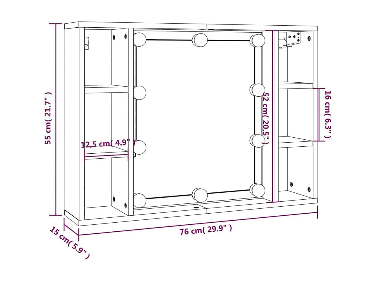 Spiegelkast met LED-verlichting 76x15x55 cm bruin eikenkleur