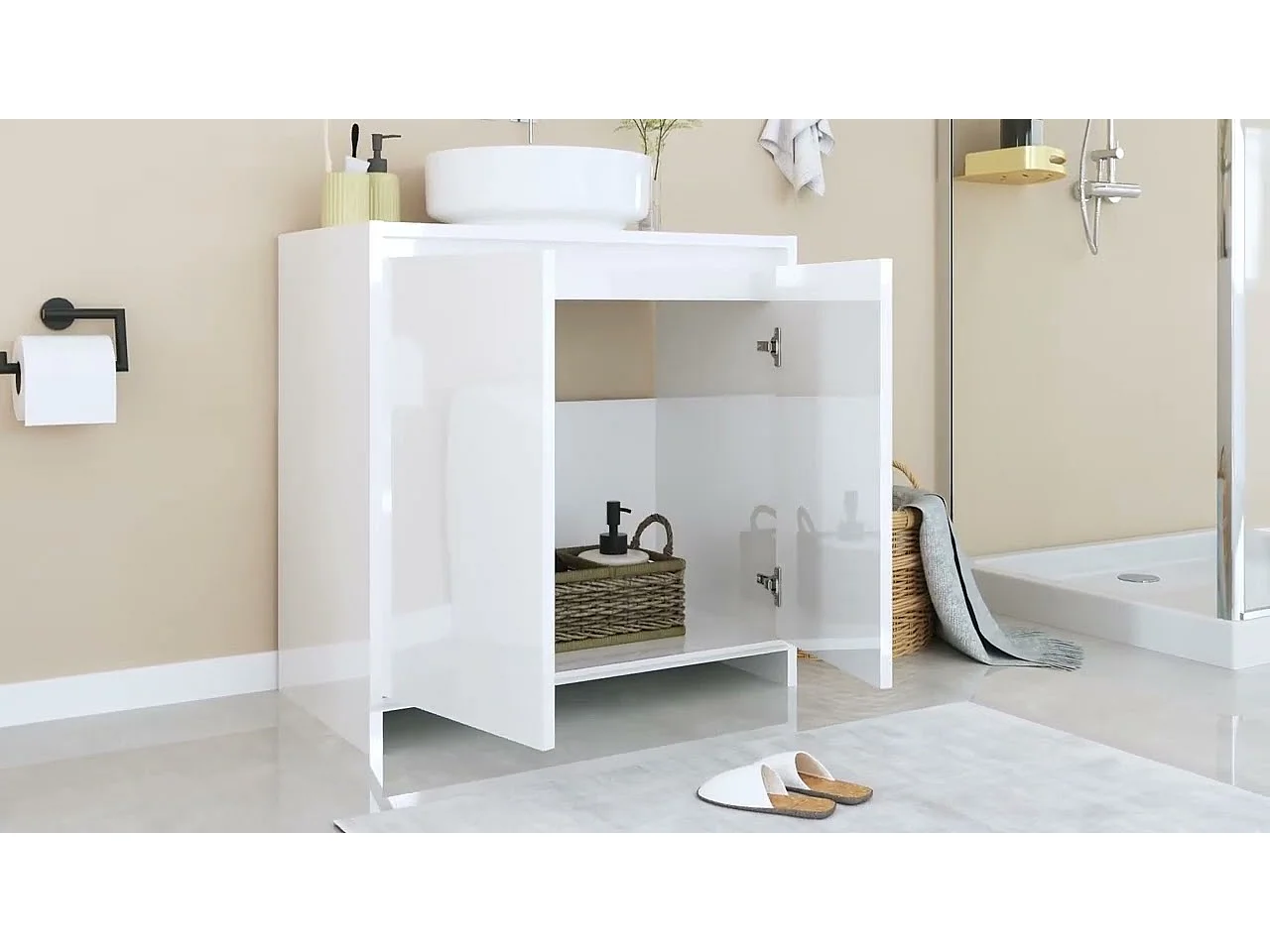 Badezimmerschrank Hochglanz-Weiß 60x33x61 cm Holzwerkstoff