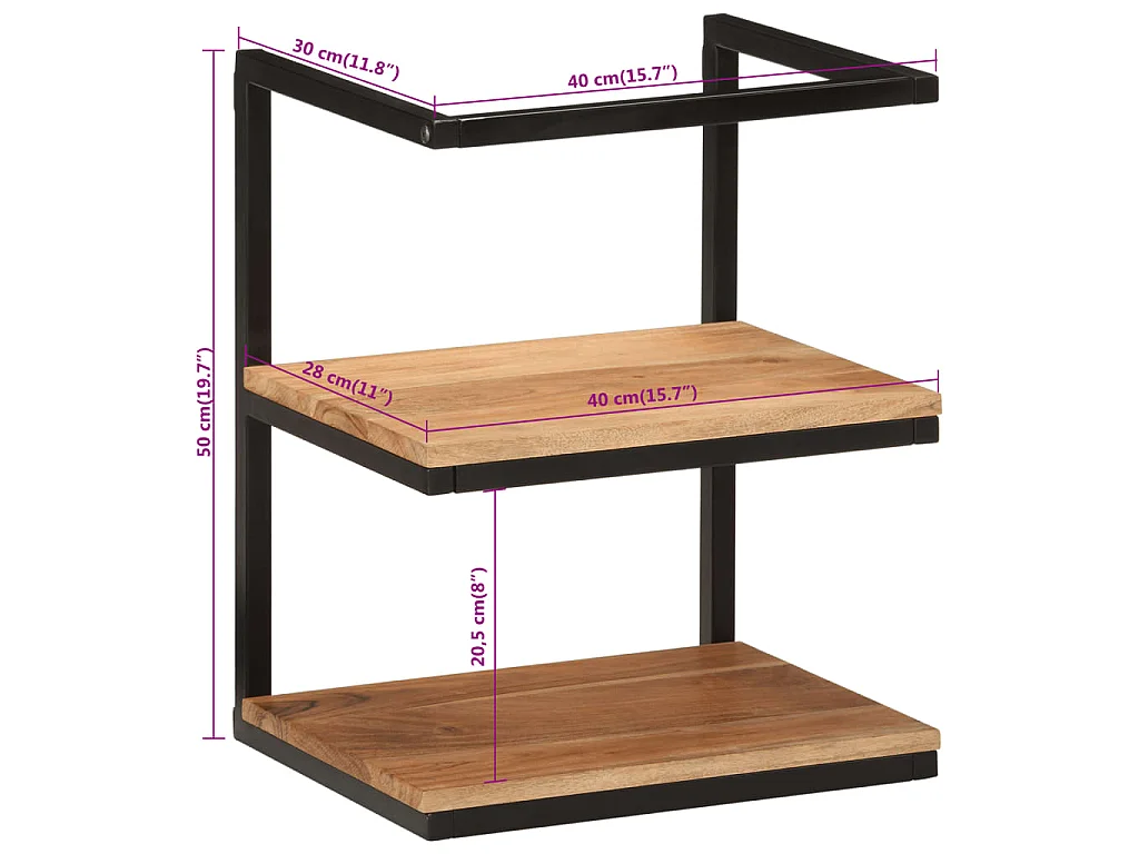 Wandschap 40x30x50 cm massief acaciahout en ijzer