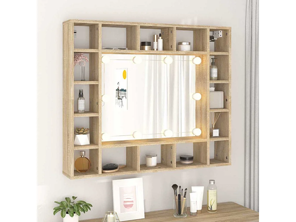 Mobile a Specchio con LED Rovere Sonoma 91x15x76,5 cm