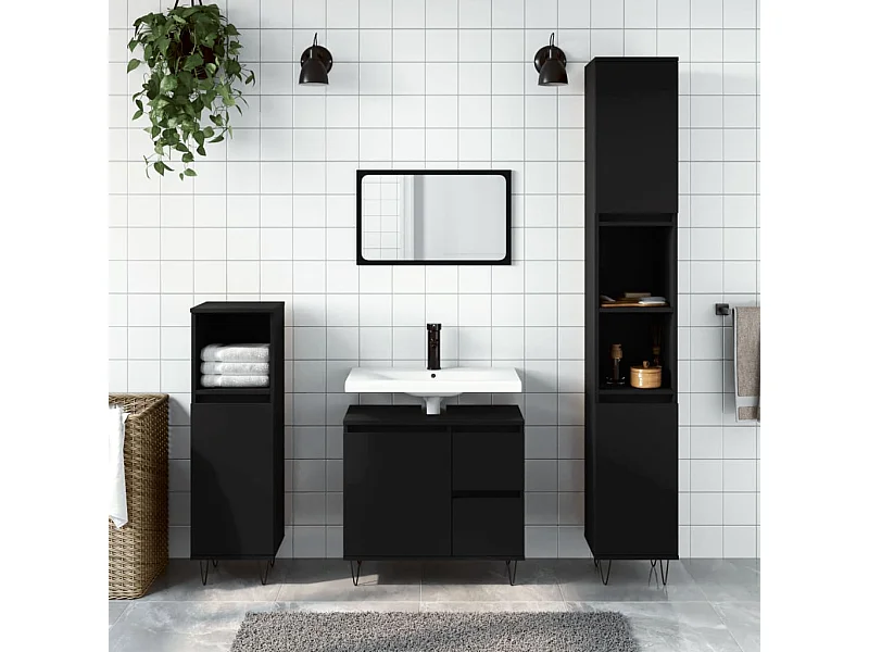 Armadietto da Bagno Nero 30x30x190 cm in Legno Multistrato