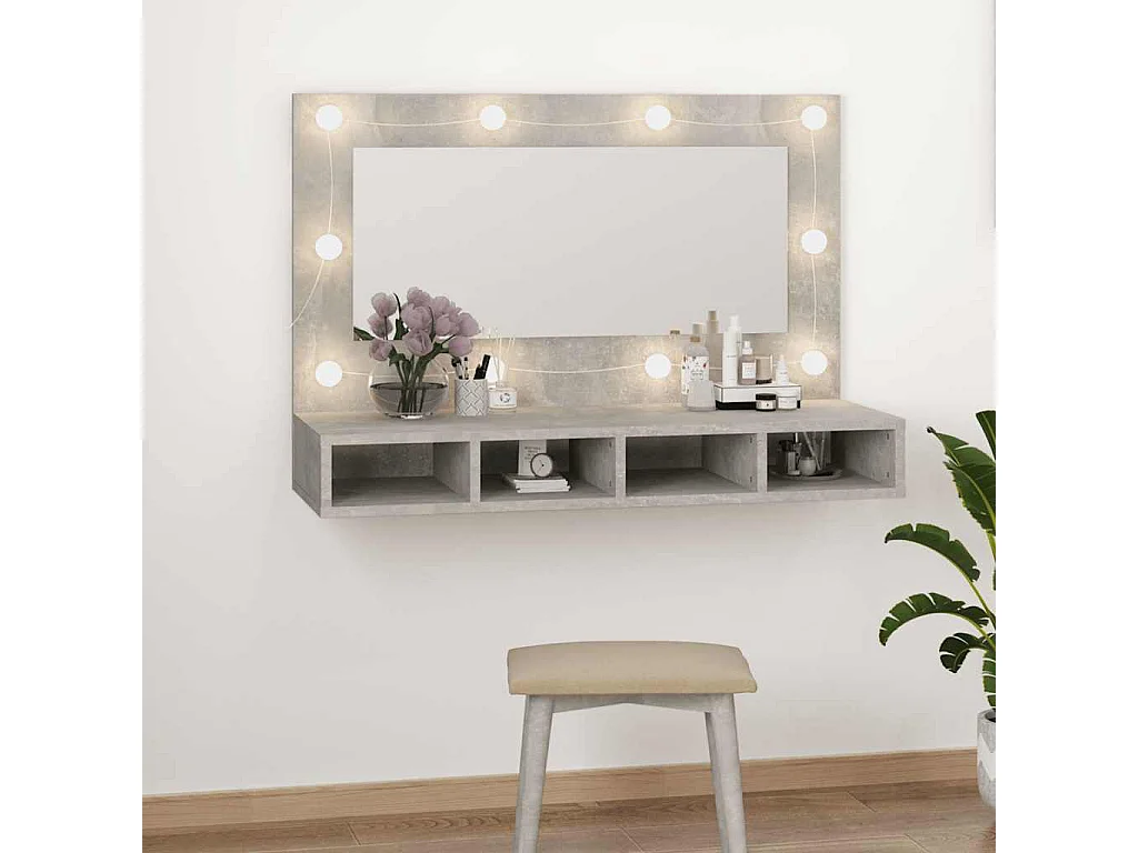 Mueble con espejo y luces LED gris hormigón 90x31,5x62 cm