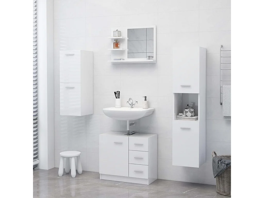 Miroir de salle de bain blanc brillant bois d’ingénierie