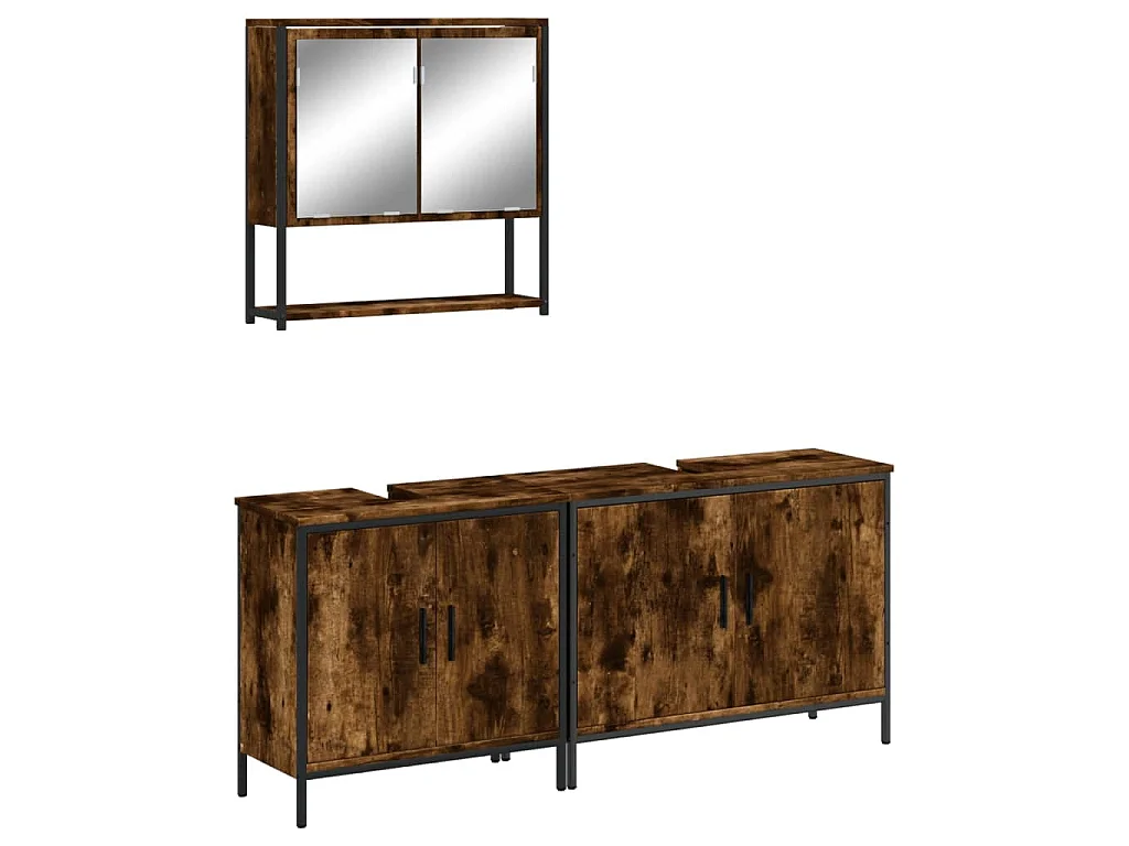 Set Mobili da Bagno 3 pz Rovere Fumo in Legno Multistrato