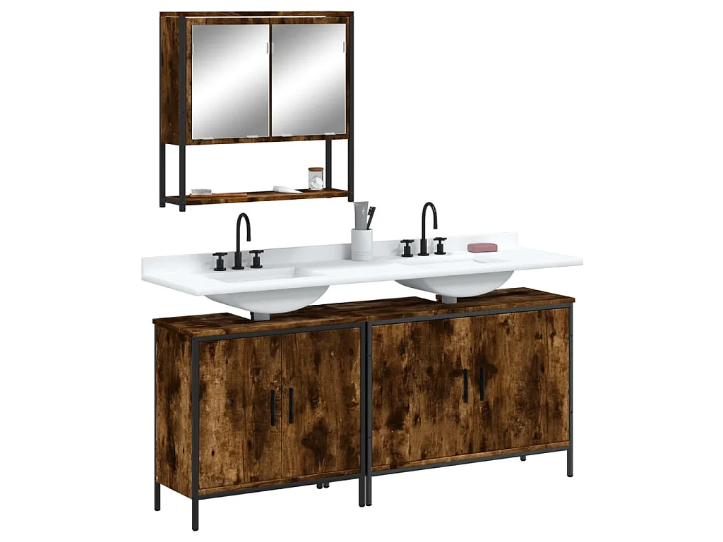 Set Mobili da Bagno 3 pz Rovere Fumo in Legno Multistrato