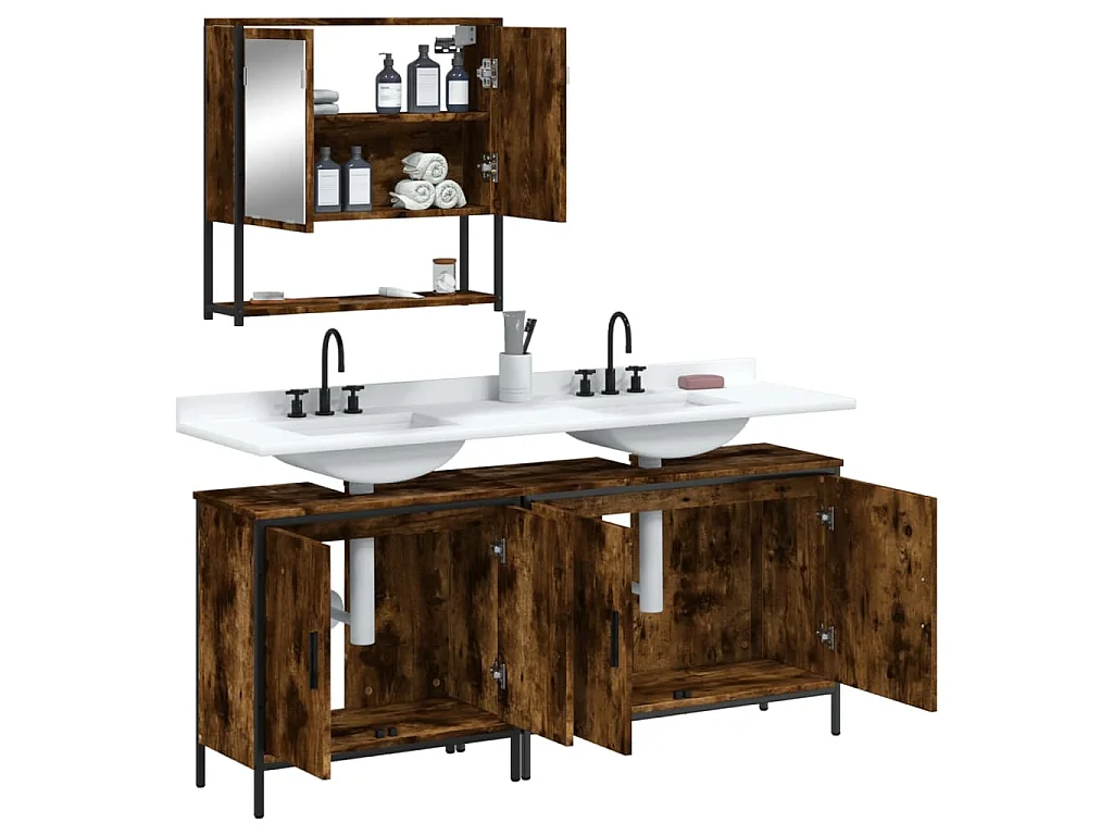 Set Mobili da Bagno 3 pz Rovere Fumo in Legno Multistrato
