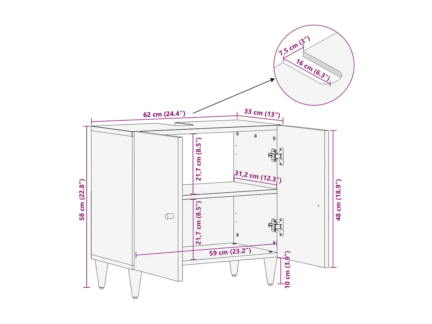 Mobile Lavabo da Bagno 62x33x58cm in Legno Massello di Mango