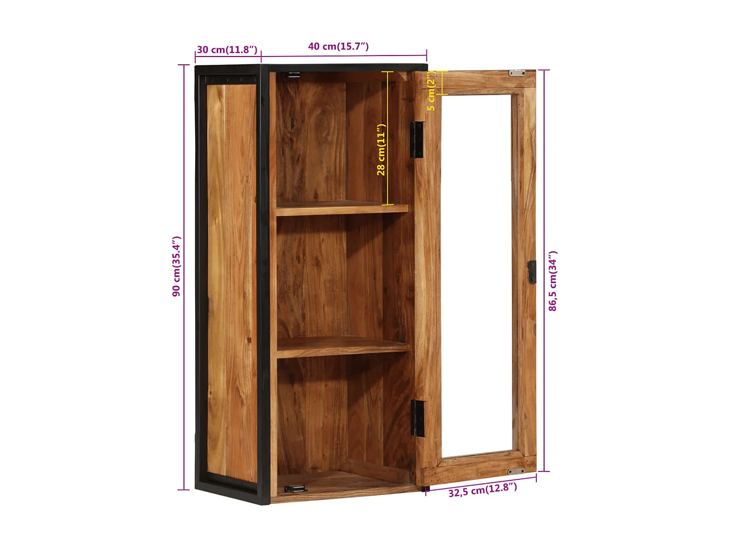 Mueble de baño madera maciza de acacia y hierro 40x30x90 cm