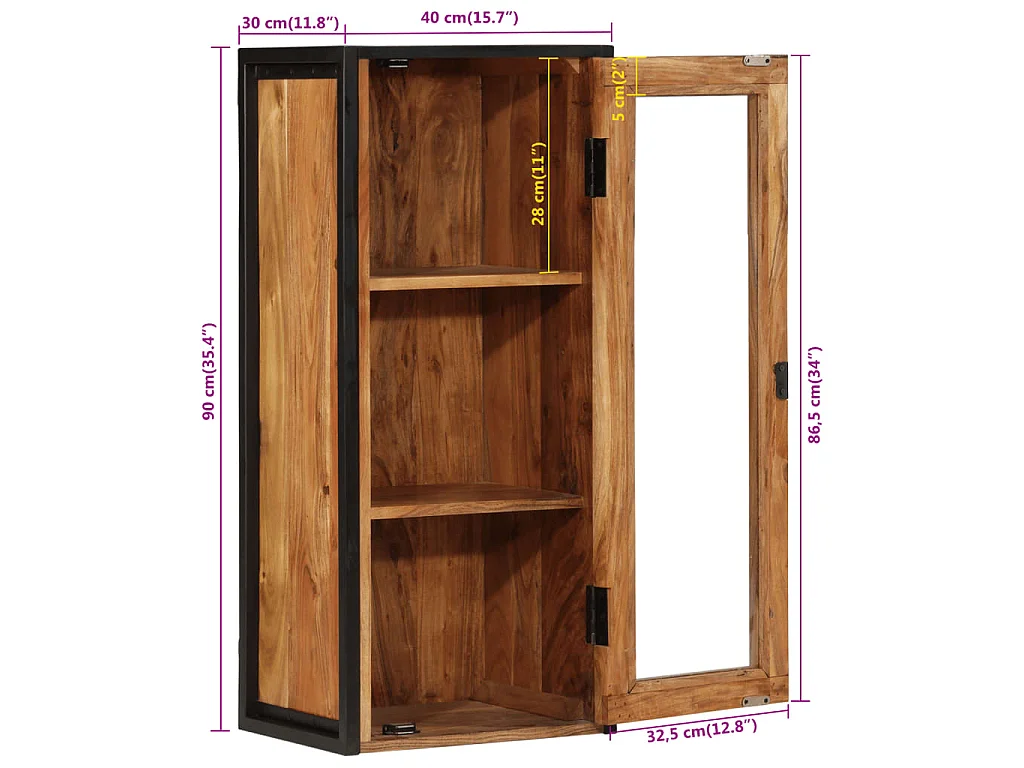 Armoire de salle de bain murale bois massif d'acacia et fer