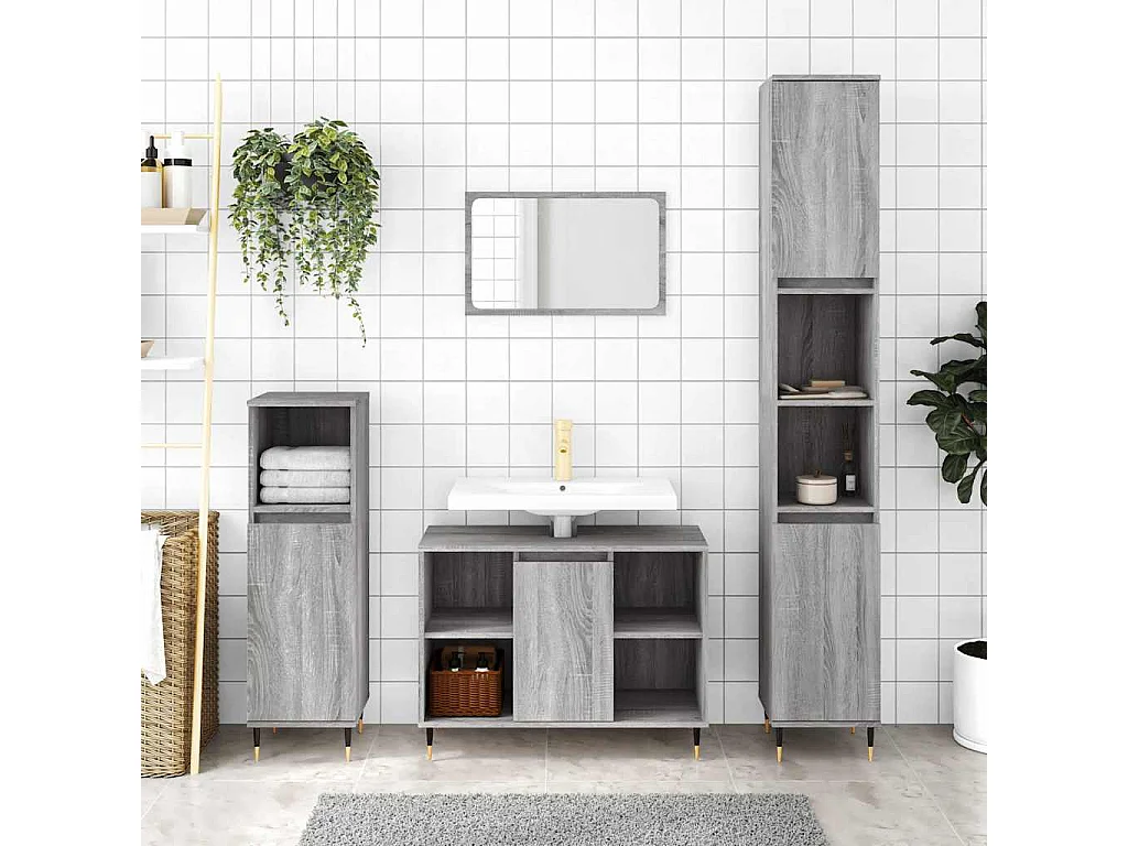 Badkamerkast 80x33x60 cm bewerkt hout grijs sonoma eikenkleurig