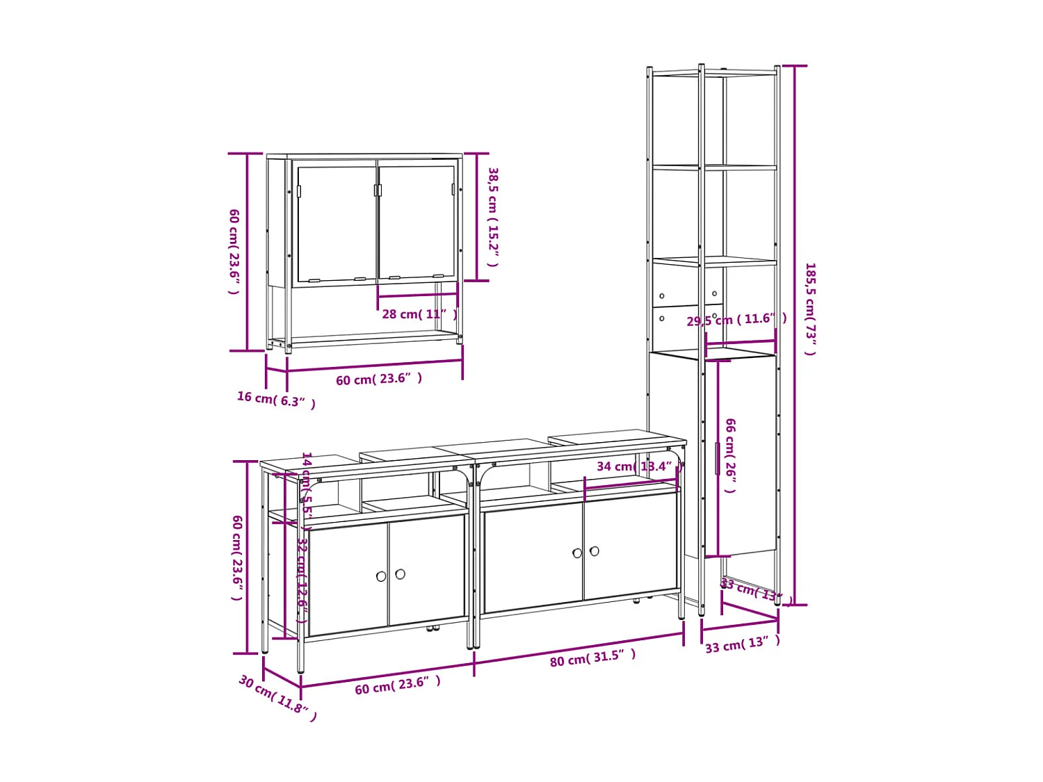 4 pcs conj. móveis WC derivados madeira cor carvalho castanho