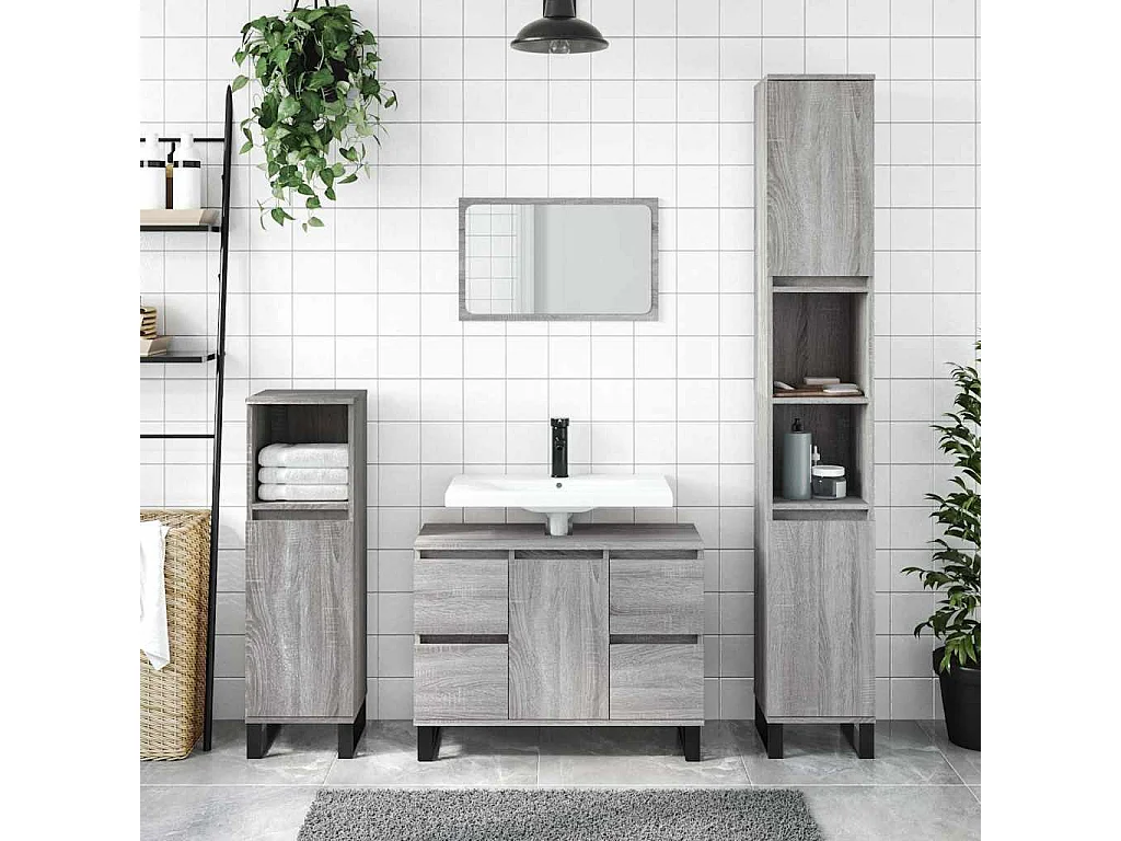 Badkamerkast 80x33x60 cm bewerkt hout grijs sonoma eikenkleurig