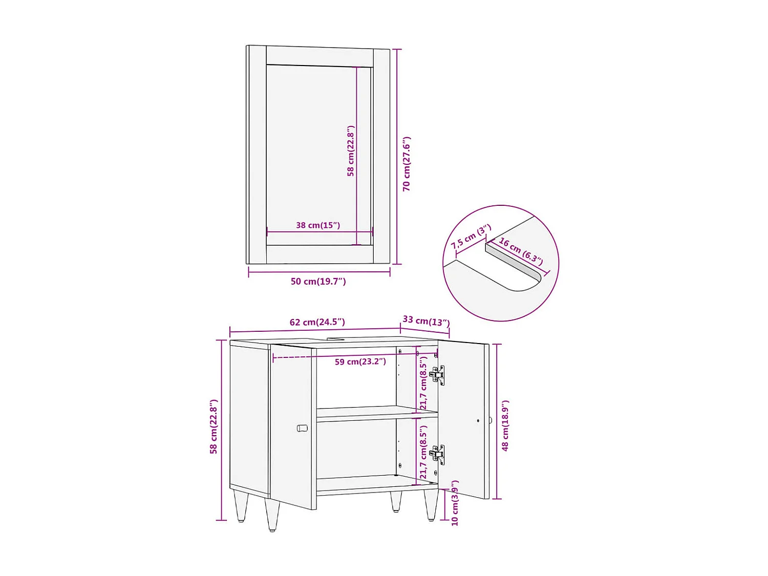 Conjunto de muebles de baño 2 piezas madera maciza de mango