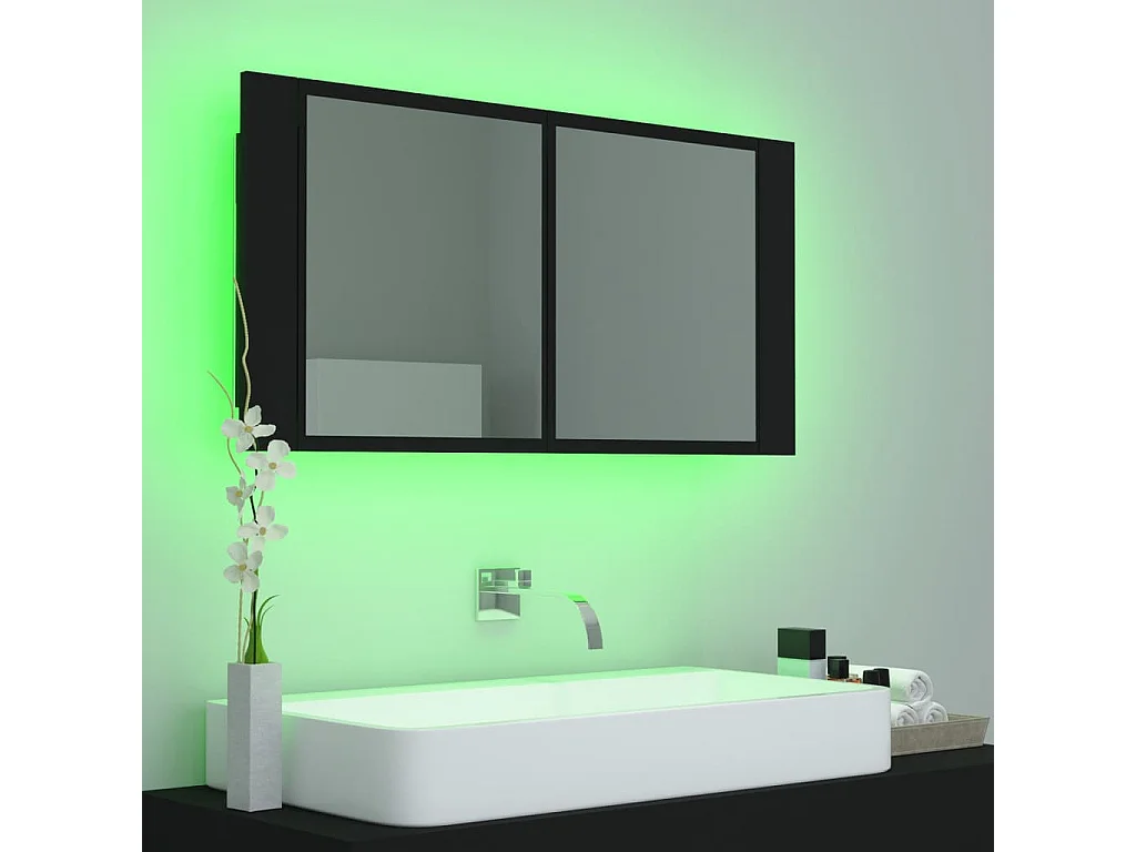 Badkamerkast met spiegel en LED 90x12x45 cm acryl zwart