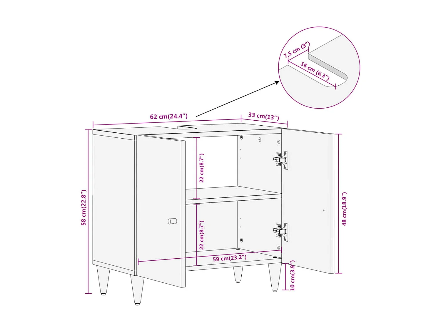 Armario de lavabo para baño madera maciza de mango 62x33x58 cm