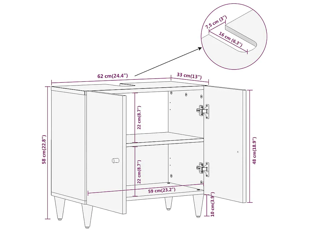 Mobile Lavabo da Bagno 62x33x58cm in Legno Massello di Mango