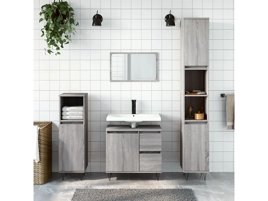 Badkamerkast 30x30x190 cm bewerkt hout grijs sonoma eikenkleur