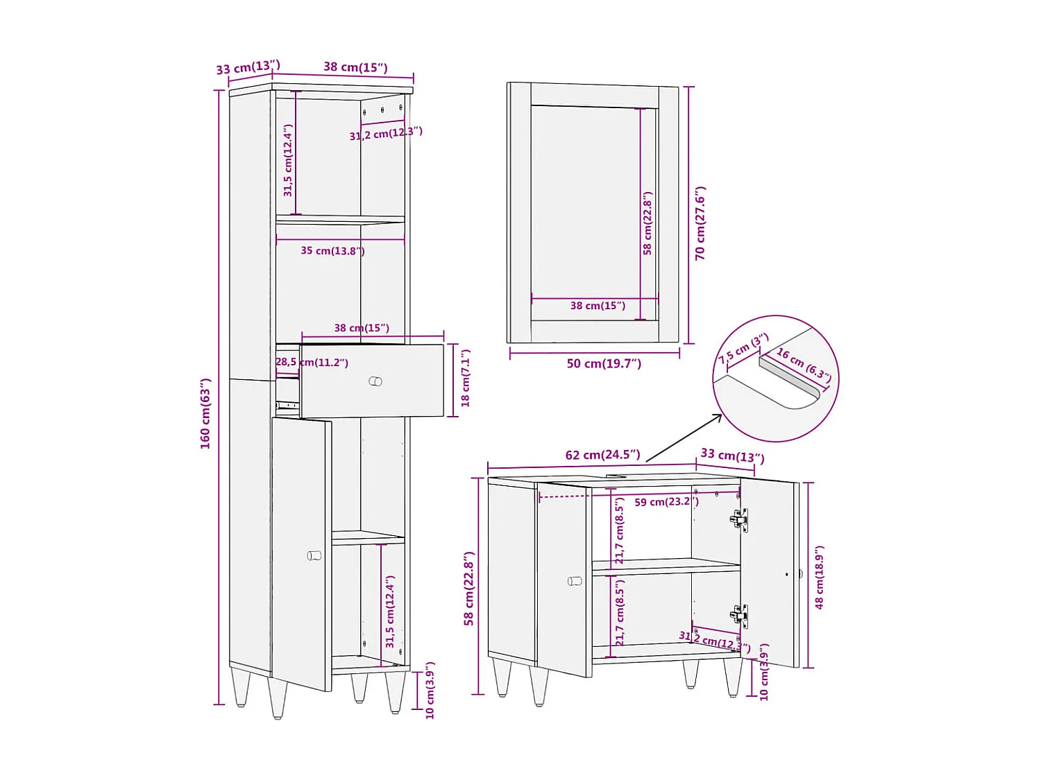 Conjunto de muebles de baño 3 piezas madera maciza de mango