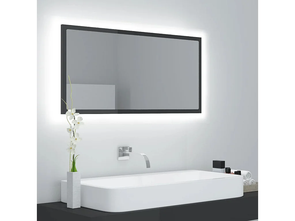 Espelho casa banho c/ LED 90x8,5x37 cm acrílico cinza brilhante