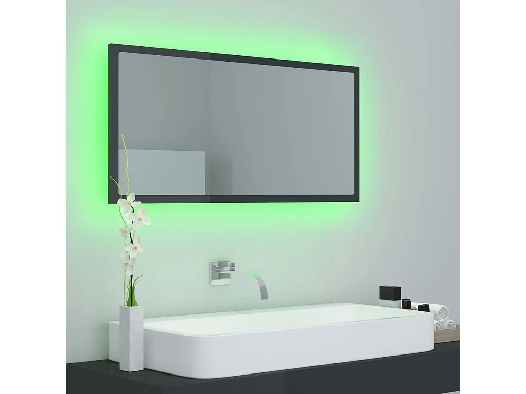 Espelho casa banho c/ LED 90x8,5x37 cm acrílico cinza brilhante
