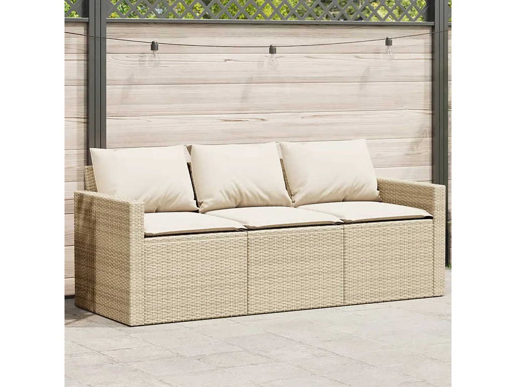 Gartensofa mit Kissen 3-Sitzer Beige Poly Rattan
