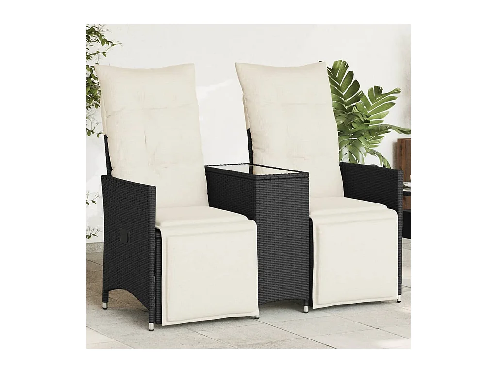 Canapé de jardin inclinable 2 places avec table noir poly rotin