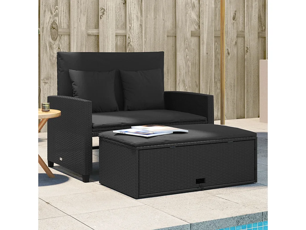 Gartensofa mit Kissen 2-Sitzer Schwarz Poly Rattan