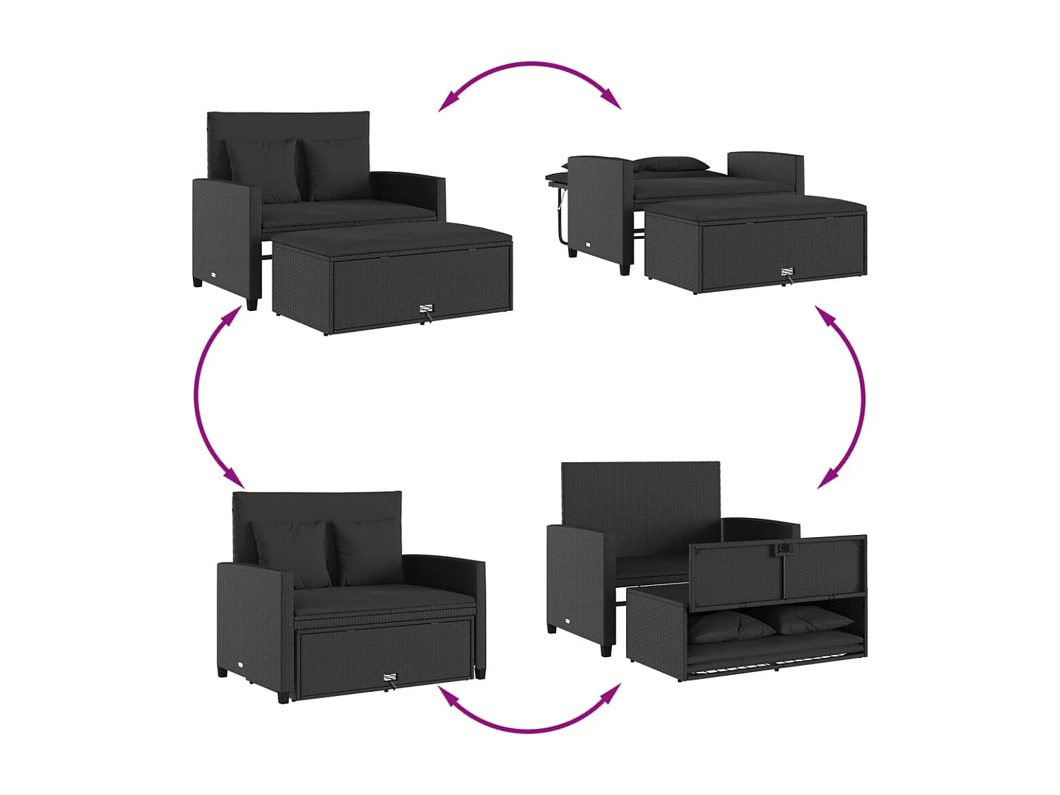 Gartensofa mit Kissen 2-Sitzer Schwarz Poly Rattan