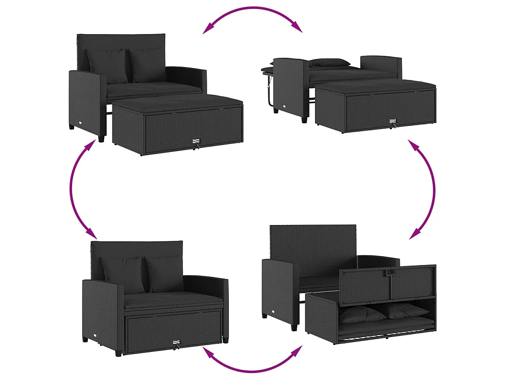Divano da Giardino con Cuscini a 2 Posti Nero in Polyrattan
