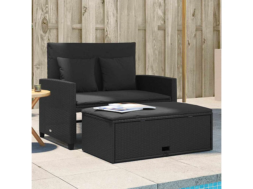 Sofá de jardim com almofadões 2 lugares vime PE preto
