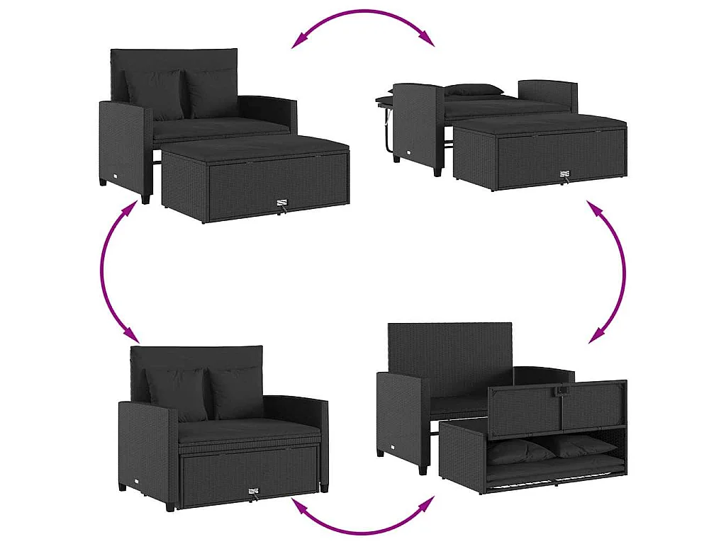 Sofá de jardim com almofadões 2 lugares vime PE preto
