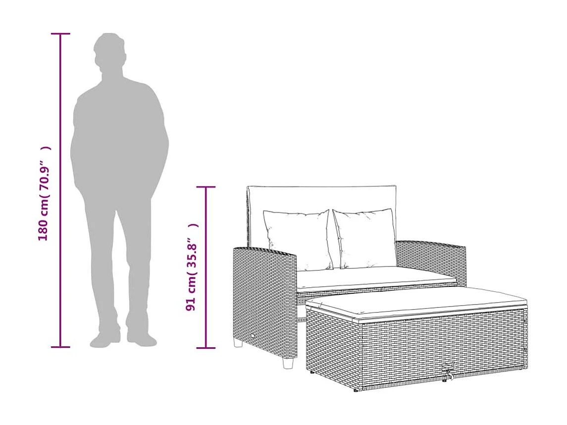 Tuinbank 2-zits met kussens poly rattan en acaciahout grijs