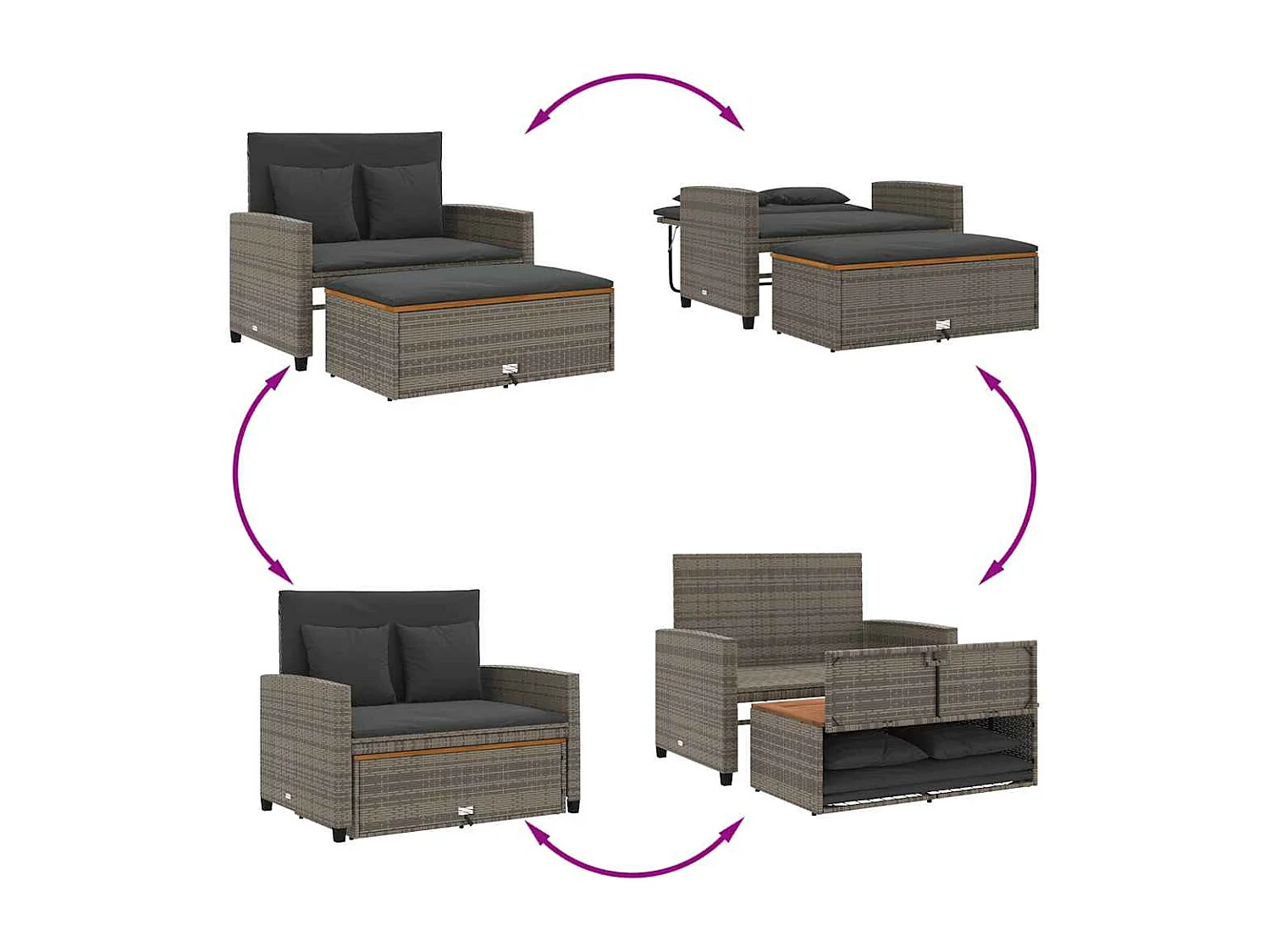 Tuinbank 2-zits met kussens poly rattan en acaciahout grijs
