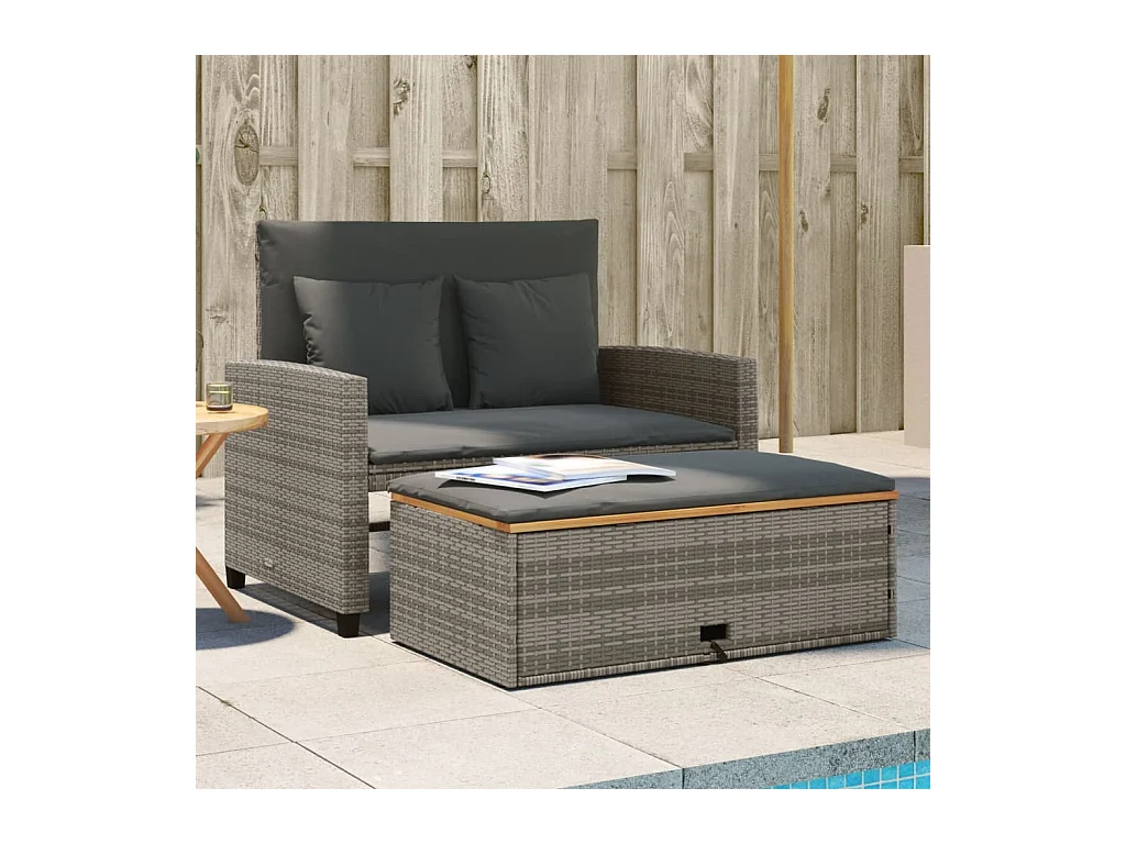 Gartensofa mit Kissen 2-Sitzer Grau Poly Rattan & Akazienholz
