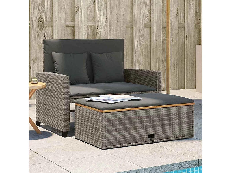 Gartensofa mit Kissen 2-Sitzer Grau Poly Rattan & Akazienholz