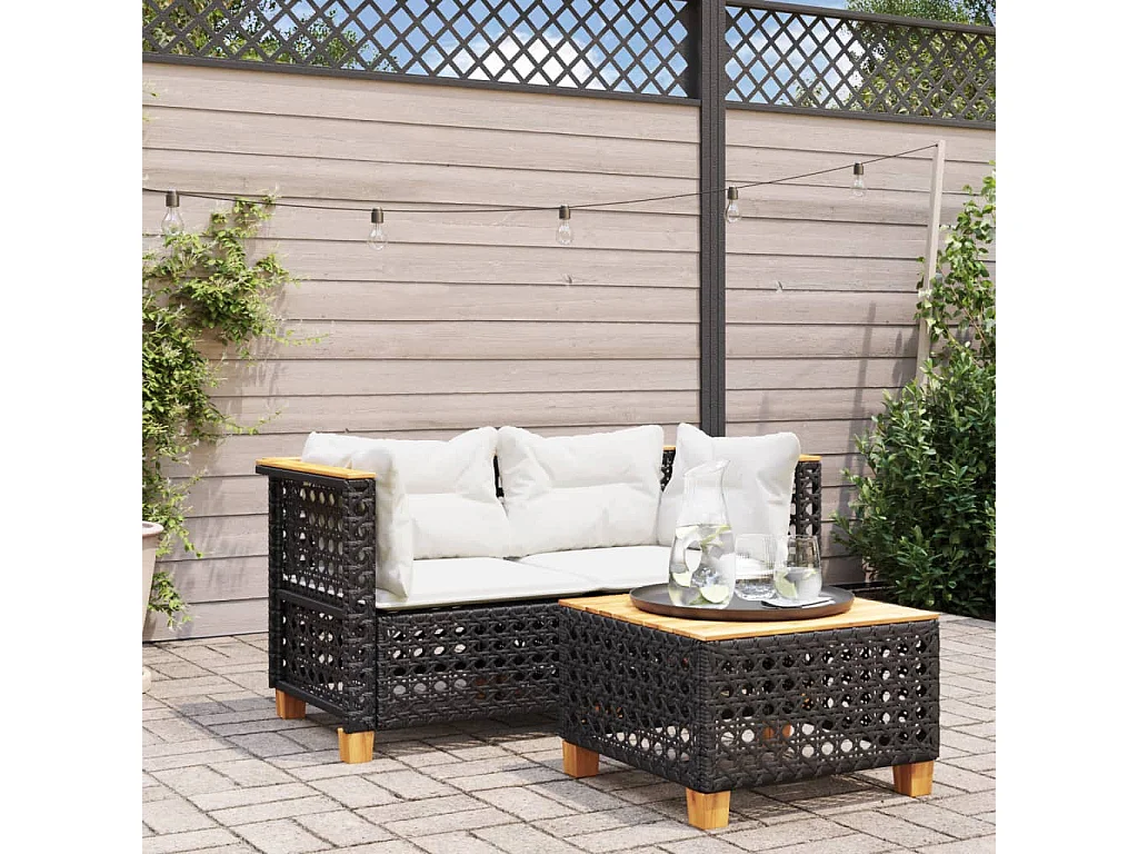 Canapés d'angle de jardin et coussins 2 pcs noir résine tressée