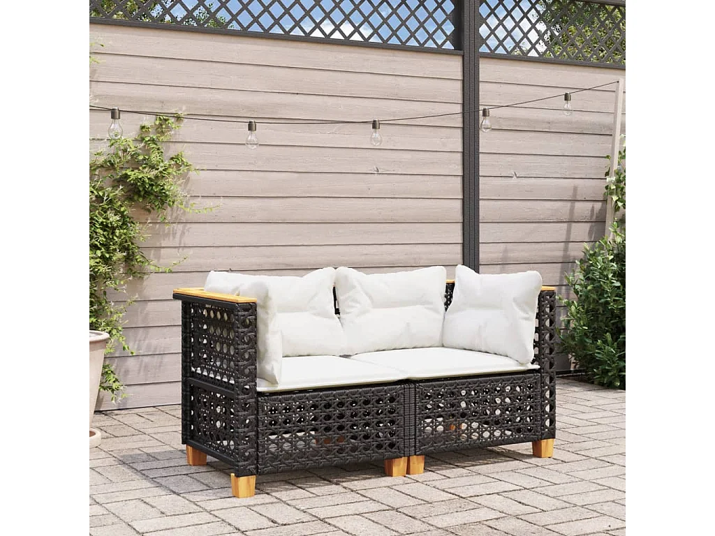 Sofás de canto p/ jardim c/ almofadões 2 pcs vime PE preto