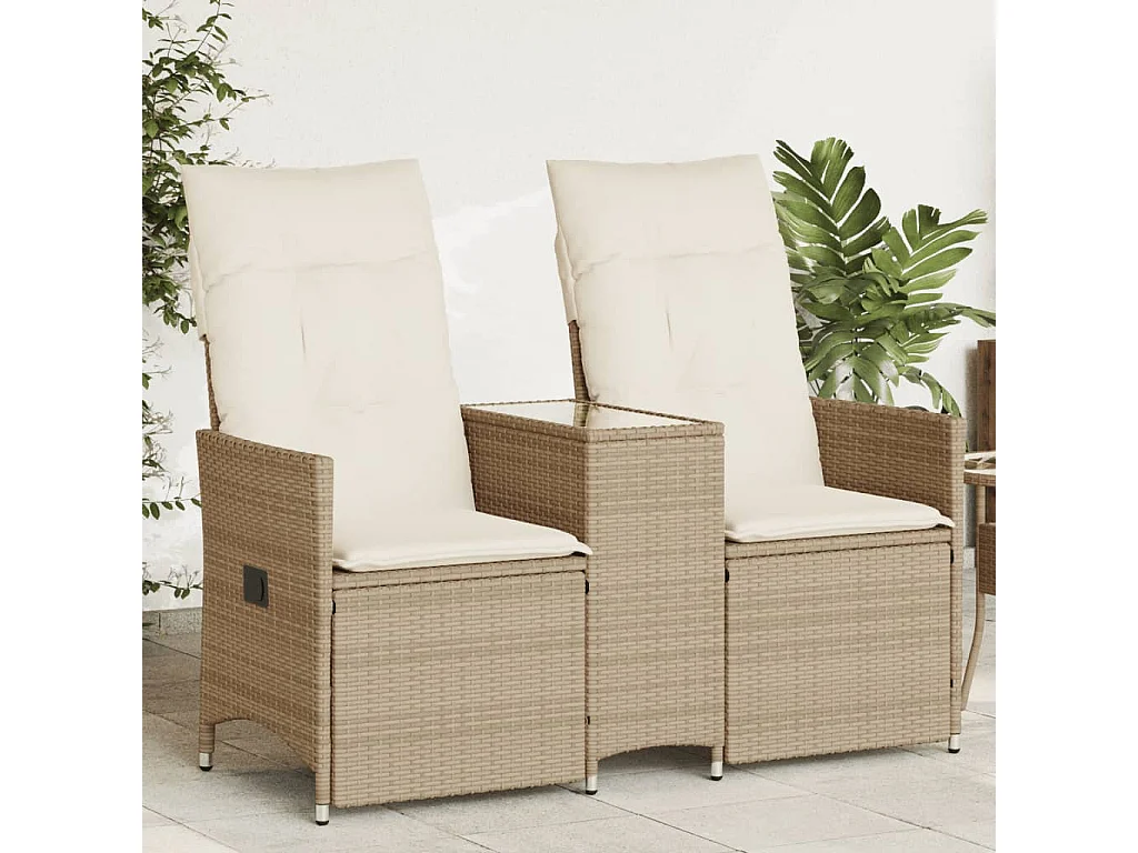 Canapé de jardin inclinable 2 places avec table beige rotin